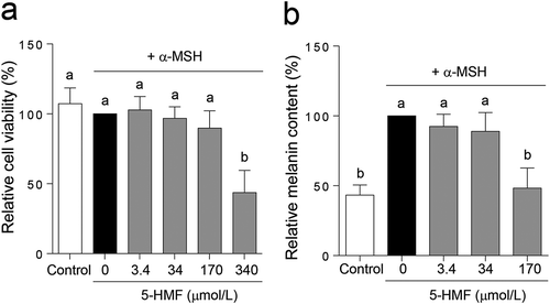 Figure 4. Effects of 5-hydroxymethyl-2-furaldehyde on α-MSH-induced melanin synthesis in B16 mouse melanoma cells. (a) Cell viability; (b) melanin content. All experiments were conducted in triplicate. Data are expressed as percentage of the values in the cells treated without 5-hydroxymethyl-2-furaldehyde. Values are presented as mean ± SEM from three independent experiments. Different letters indicate statistically significant values (p < 0.05).