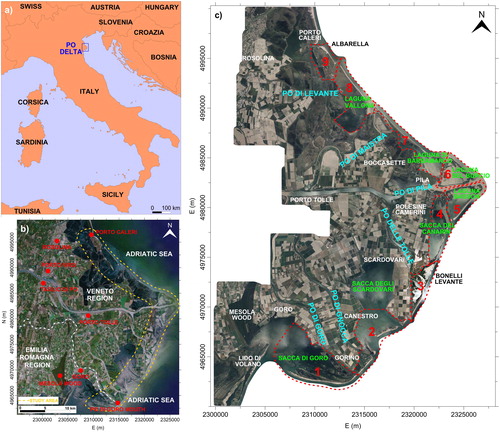 Figure 1. (a) Location of PRD area (northern Italy). (b) Regional boundaries and studied coastal area, corresponding to about 200 km2 (dashed yellow line). (c) Orthophoto of study area from aerial photogrammetric survey of 2014, and indication of the nine sub-areas (dashed red lines, from 1 to 9: 1 – Sacca di Goro; 2 – Sacca degli Scardovari; 3 – Bacino Bonelli Levante; 4 – Sacca del Canarin; 5 – Laguna Basson; 6 – Laguna del Burcio; 7 – Laguna di Barbamarco; 8 – Laguna Vallona; 9 – Isola di Albarella). Source: Author