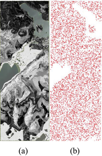 Figure 2.1. (a) Visualization of the combinations of elevation, slope angle, and topographical wetness index (TWI) in the area for parameterization of the new topographic components in LAVESI with 589 categories distinguished, shown in gray shades, and (b) 6488 samples, marked as red dots.