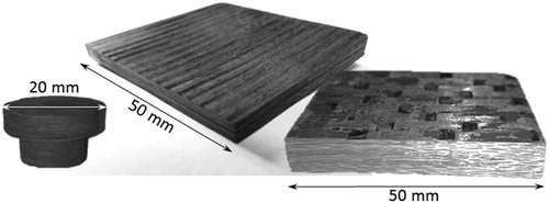 Figure 5. Small UHTCMC prototypes. From left to right: button, 0/90° tile, 2D tile.