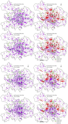 Figure 6. Spatial allocation results corresponding to the minimal-area solutions obtained using the GLA model (left) and SLA model (right) for the various scenarios. The red lines are allocation lines for the designated shelters that can accommodate part of the communities for the different scenarios in the SLA model. Source: the authors.