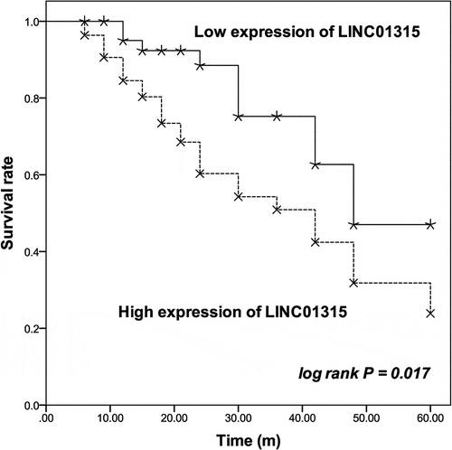 Figure 2. The survival information of patients was plotted by Kaplan-Meier curve followed by log rank test based on the level of LINC01315 in TNBC tissues. The upregulation of LINC01315 was associated with the poor overall survival rate of TNBC patients. solid line: patients in the low expression of LINC01315 group; dash line: patients in the high expression of LINC01315 group. log rank P = 0.017.