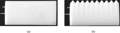 Figure 7. Airfoil models in the experiment (Yasuda et al., Citation2019): (a) The smooth airfoil; (b) The airfoil with sinusoidal leading edge protuberance.