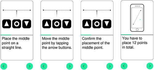 Figure 1 The images show the mode of action of the mobile device using the Alleye App. The user has to align a central dot to an imaginary straight line between two fixed outer dots in 12 different positions.