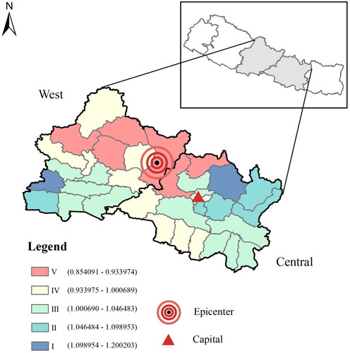 Figure 8. Map of the degree of post-earthquake damage in Nepal from T0 to T1.
