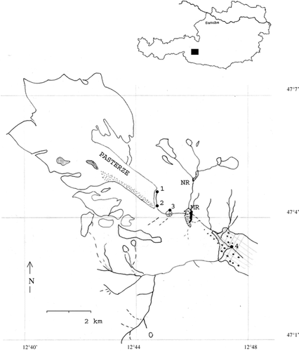 Figure 1 Location of study site in Austria (▪) and catchment of the four sampling sites (1  =  metakryal, 2  =  hypokryal, 3  =  floodplain reach, 4  =  glacio-rhithral). Glaciers  =  defined white area; supraglacial till  =  dotted area; rocks amidst glaciers  =  shaded area; MR, NR  =  Margaritzen and Naßfeld reservoirs (black bar indicates dams); lake area  =  wavy lines; vegetation zone (non-pioneer vegetation zone)  =  checkered area (scrubs, meadows) with large spots as wooded zone. Latitude/longitude numbers are given.