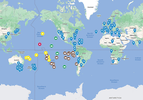 Figure 4. Fossil occurrences of Otodus megalodon and Pacific records of cetacean ear bones. Blue dots: O. megalodon records from Pimiento et al. (Citation2016); yellow stars: records from Eastman (Citation1903, Citation1906), Belyaev and Glikman (Citation1970), and Séret (Citation1987); red star: this study; brown whale symbol: cetacean ear bones from Eastman (Citation1906); green whale symbols: common fossil findings of cetacean ear bones and O. megalodon from Eastman (Citation1906).