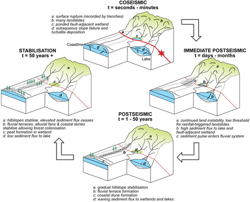 Figure 10. Illustration of the geological and geomorphic impacts of an Alpine Fault earthquake with regard to the timeframe over which various paleoseismic proxies record the earthquake.