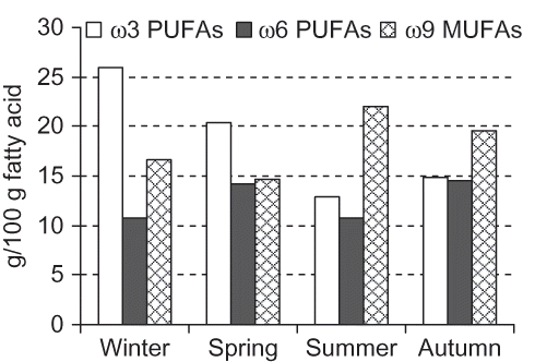 Figure 2 The ratios of ω3 PUFAs, ω6 PUFAs, and ω9 MUFAs in muscle of the common carp.