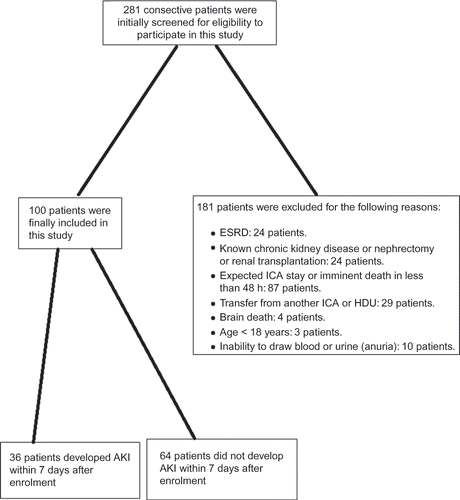 Figure 1.  Study flowchart.Notes: ESRD was defined according to KDIGO (CKD–MBD) Work Group definition: eGFR < 15 mL/h or hemodialysis.Citation17 Chronic kidney diseases included glomerulonephritis, interstitial renal disease, and obstructive uropathy. AKI, acute kidney injury; ESRD, end-stage renal disease; ICU, intensive care unit; HDU, high-dependency unit.