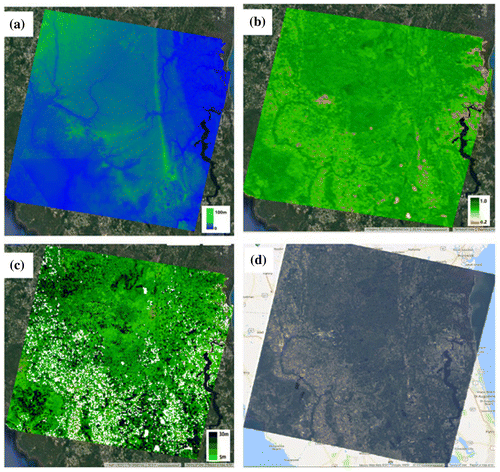 Figure 5. Examples of covariates used to generate land-use maps: (a) Shuttle radar Topography Mission (SRTM) digital elevation at 30-m resolution; (b) MODIS13 Mean EVI of 2015 at 250-m resolution; (c) Forest canopy height at 1-km resolution; (d) Landsat 8 calibrated Top-of-Atmosphere (TOA) with Fmask quality band to remove the cloud contaminations. Background image and map courtesy of Google Map (2017). “Florida, U.S.” Map. Google Maps. Google, Available from: https://www.google.com/maps/@30.1671351,-82.8317191,8.92z?hl=en [Accessed March 24, 2017].