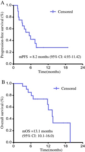 Figure 3 Progression-free survival (A) and overall survival (B) of patients with treated by apatinib.