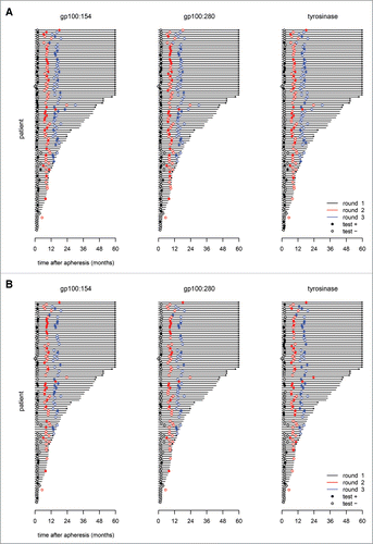 Figure 2. SKILs analysis in time. Skin-test infiltrating lymphocytes from DTH skin-test biopsies were analyzed for the presence of tetramer-positive CD8+ T cells (A) and a functional T cell response against individual epitopes (B). Three epitopes were tested, gp100:154, gp100:280, and tyrosinase. Unfilled/filled circles represent negative/positive tests. The black, red, and blue circles match to the first, second, and third cycle of vaccinations, respectively. Tumor-specific T cells are already seen after the first cycle in a large amount of patients. T cells against other epitopes were detected in a proportion of patients after cycle 2 and 3. However, in some patients T cells against an epitope were not detected after a positive result in the previous cycle. This is more often seen for tetramer-positive T cells than for a functional T cell response. The distant metastasis-free survival (DMFS) of each individual patient is shown with a cut-off at 5 y. Arrows indicate an ongoing DMFS.