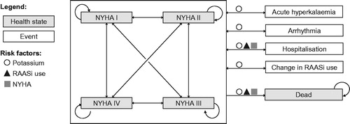 Figure 1. Flow diagram summarizing heart failure health states and incident events implemented within the model. Abbreviations. NYHA, New York Heart Association; RAASi, renin-angiotensin-aldosterone system inhibitor.