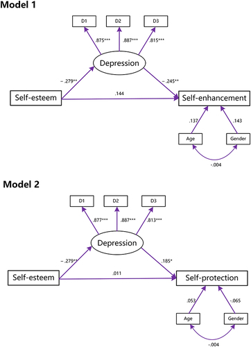 Figure 2 Path analyses depicting self-esteem to self-enhancement (Model 1) and to self-protection (Model 2) via depression. Standard parameter estimates are presented.