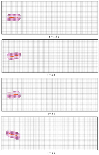 Figure 10. Snapshots of the deformed flexible filament at different time steps. Note that a fixed mesh was used for the fluid flow whereas an adaptive mesh is used within proximity of the thin elastic structure to capture the physics of fluid-solid interaction.