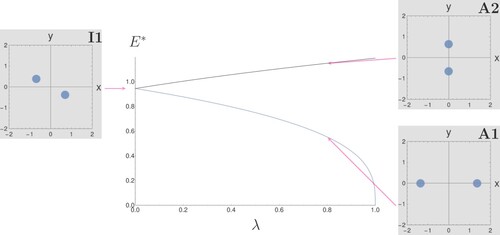 Figure 2. Bifurcation diagram, in terms of scaled energy E* and anisotropy parameter λ, for N = 2. In the isotropic limit λ=0 there is only one solution I1 which is rotationally degenerate. For finite anisotropy (i.e. 0<λ≤1) there are two solutions, labelled A1 and A2. For an interactive version of this figure see [Citation18]. Note, in the bifurcation diagram, stable equilibrium solutions are indicated in blue, while unstable equilibrium solutions are indicated in black. All images of structures are plotted using dimensionless coordinates (i.e. positions are scaled by L0=(a/(kx+ky))1/3). The configuration shown on the left is for λ=0, while λ=0.8 for the configurations shown on the right.