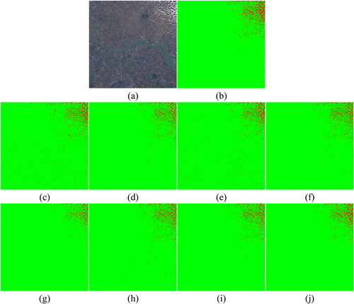 Figure 18. Changzhou and Wuxi (China) (a) True Color image, (b) Manual reference mask, generated cloud mask by: (c) RF with traditional texture features (d) RF with deep features (e) XGBoost with traditional texture features (f) XGBoost with deep features, (g) SVM with traditional texture features, and (h) SVM with deep features, (i) Resnet, and (j) CD-FM3SF-4.