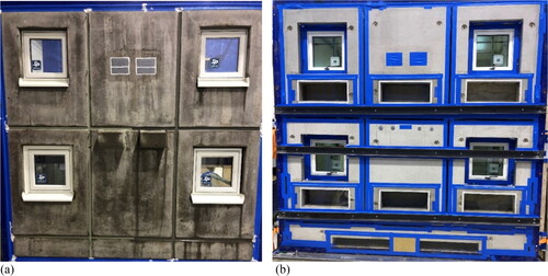 Fig. 3. Test object 2, a) external side of concrete sandwich wall directly after the driving rain exposure in rain chamber, b) Internal side of wall with inspection hatches of plexiglass and three horizontal steel beams to keep the elements in place.