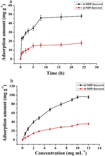 Figure 6. Dynamic curves (a) and adsorption isotherms (b) for the adsorption of farrerol by the d-MIP and d-NIP.