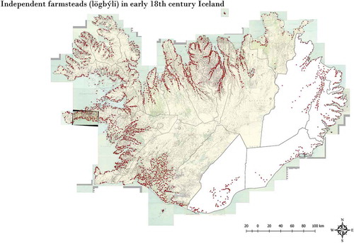 Figure. 1. Lögbýli surveyed in Jarðabók. The area in white to the east shows areas recorded in manuscripts that were lost in the Copenhagen fire of 1728. Source: Maps produced using basemap data from Landmælingar Íslands.