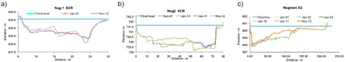 Figure 5. Representative cross-section profiles at each site surveyed before and after the 2012 flood, showing the morphological changes.