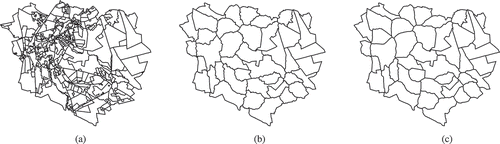 Figure 20. SplitArea versus straight skeleton after 480 splits. Note that in this case, no densification or line simplification has been applied. (a) German land-cover data set. (b) SPLITAREA. (c) Straight skeleton.