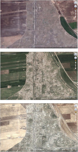 FIGURE 1. Satellite images of Apamea from Google Earth™. (a) 20 July 2011; (b) 4 April 2012; (c) 28 September 2012. Note the scale of pitting, and the density of coverage, in less than a year between images (a) and (b).