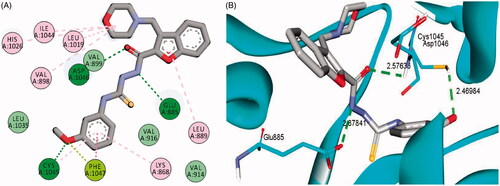Figure 6. 2D (A) and 3D (B) interactions of 3-(morpholinomethyl)benzofuran derivative 15a within VEGFR-2 binding site (PDB: 4ASD).