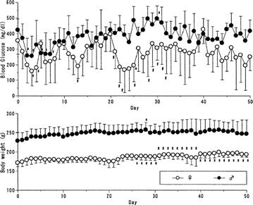 FIG. 2 Blood glucose level and body weight following every 10 days-treatment (125 U/kg) of insulin-containing PLGA microcapsules to BB/wor//Tky diabetic rats BB/Wor//Tky hyperglycemic pregnant rats were subcutaneously given 125 U/kg of PLGA microcapsules containing 3 w/w% insulin every 2 weeks. Blood glucose level (upper) and body weight (lower) were monitored. Mean ± SD. Female n=6; male n=8. *p < 0.05 vs. the first dosing day; #p < 0.05 vs. male group; body weight in male group was significantly higher throughout the experiment.