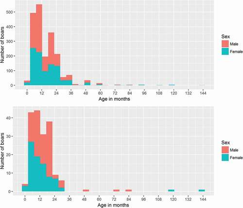 Figure 1. Age distribution of sampled hunted wild boars. Upper graph (a) shows the age distribution from all boars from which a serum sample was tested. Lower graph (b) shows the age distribution from all boars from which a tonsil sample was tested