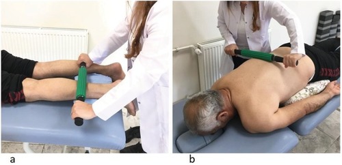 Figure 2 Examples of the roller massage application: gastrocnemius/achilles tendon (A), sacrolumbar fascia/erector spinae (B).