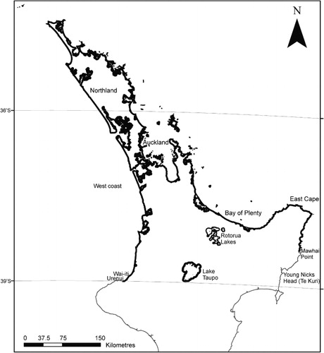 Figure 2 Generalised natural distribution of Metrosideros excelsa in New Zealand.