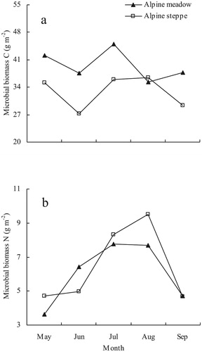 FIGURE 2. Temporal variations in soil (a) microbial biomass C and (b) microbial biomass N concentrations in an alpine meadow and alpine steppe during the growing season.