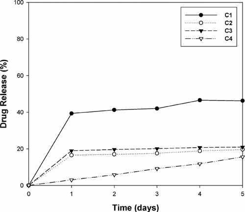 FIG. 5 In vitro drug release profiles of PLGA microparticles encapsulated within cross-linked alginate-pecintate polyspheres. C1 = PLGA microparticles; C2 = calcium alginate-pectinate polysphere; C3 = zinc-calcium alginate-pectinate polysphere; C4 = calcium-zinc alginate-pectinate polysphere.