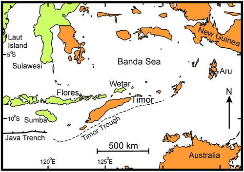 Figure 1. Location of Timor at the collision margin of Australia with Indonesia. Australian crust in orange. Sundaland and associated island arcs in green.