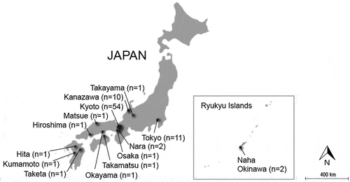 Figure 1. A map illustrating the geographical distribution of the 88 Japanese gardens visited during the study.