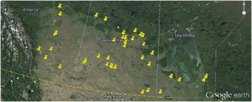 Figure 1. Forty-seven locations throughout the Canadian prairies where soil was collected.