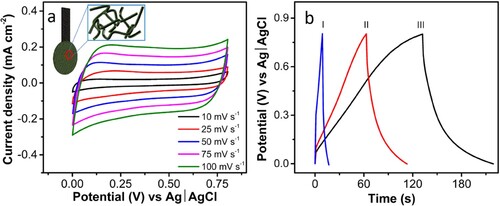 Figure 7. Electrochemical analysis of 3D-PnC@PANI electrode. (a) Cyclic voltammetry study at different scan rates (inset: 3D-PnC@PANI electrode schematic), (b) galvanostatic charge-discharge study at various current densities 0.18, 0.25, and 0.76 mA cm−2.
