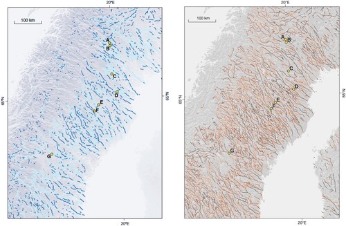 Figure 8. Comparison of integrated mapping by CitationJansen et al. (2014) to mapping presented in this study (right panel). Left panel shows ‘reconstructed subglacial drainage paths […] indicated (thick light-blue lines) by linking esker segments [dark blue lines] according to other signs of subglacial meltwater drainage, such as channels and glaciofluvial sediments of more diffuse morphology’. (CitationJansen et al., 2014; supplementary Fig. 16, reproduced with permission of Springer Nature). Yellow points indicate sample locations by CitationJansen et al. (2014) and are shown here for reference. Esker ridges after CitationHättestrand (1998). Right panel shows equivalent area of the map presented in this study. Yellow points are equivalent to left panel. Note the overall similar pattern and that both increases (e.g. area between G and D) and decreases (e.g. SW of G) in feature density are visible in both panels. Also note that higher elevated areas in B are dominated by type 3 subglacial meltwater routes due to a dearth of esker ridges.