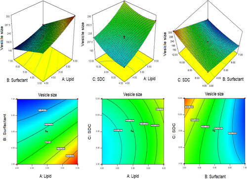 Figure 1. 3D and contour plots showing the effect of independent variables on the particle size of QT-BS.