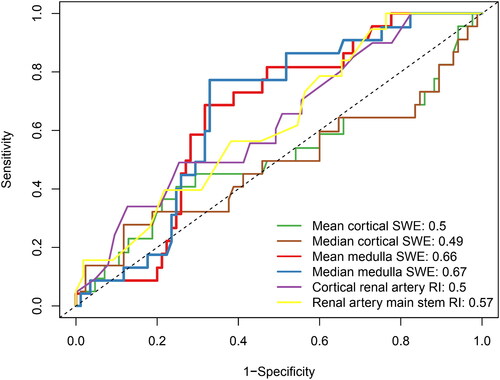 Figure 3. ROC Curves for associations between SWE and conventional ultrasound parameters and adverse outcome in kidney transplantation recipients. The mean medulla SWE cutoff was 9.63 kPa in this population (area under curve [AUC]: 0.66). the median medulla SWE cutoff was 9.68 kPa (AUC: 0.67). SWE: shear wave elastography.