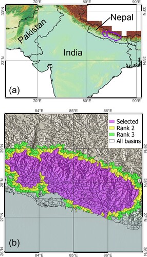 Figure 1. The study area, about 43,000 km2 mostly in Nepal and with a small portion in China. (a) The background is a shaded relief of terrain, overlain to the Cartosat DEM and colorized with the typical elevation color ramp; the study area is the purple contour. (b) The extent of the 15 SRTM DEM tiles used for this work; black lines: hydrological basins used as local domains of the procedure for SU delineation (Alvioli et al. Citation2020, Citation2016). Purple filled polygons: basins corresponding to the study area. Yellow and green filled polygons: first- and second-order basins, respectively, ranked by proximity to the most peripheral purple ones. All maps in EPSG:32645.