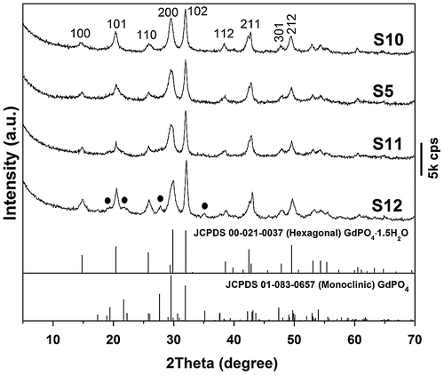 Figure 6. Powder XRD patterns for the products synthesized at the different hydrothermal temperatures of 120 °C (S10), 150 °C (S5), 180 °C (S11), and 200 °C (S12). The EDTA/(Gd0.95Eu0.05)3+ molar ratio (R) is 0.5 in each case. The black dots in the pattern of S12 denote monoclinic phosphate.