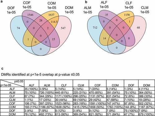 Figure 3. DMR overlap. (a) DMR overlap for the obese and normal phenotypes within the control and DDT lineage colonies. (b) DMR overlap for the normal and lean phenotypes within the control and atrazine lineage colonies. (c) DMRs identified at p < 1e-5 overlap with other DMR sets at p-value ≤0.05. Overlap should be examined on the horizontal rows and show DMR numbers and percentages.