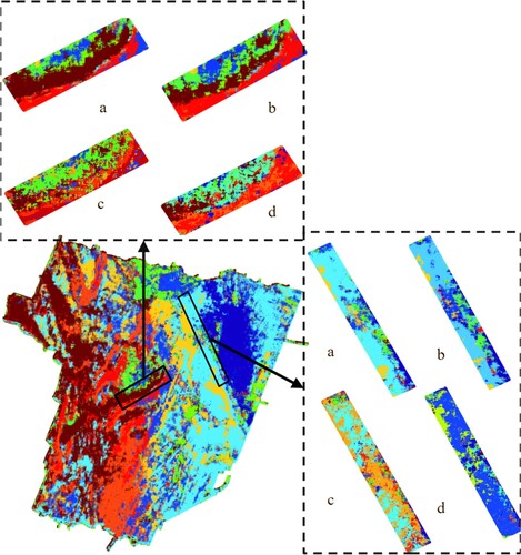 Figure 7. The figure illustrates discrepancies in sediment maps between the proposed method and the base classifiers. The figure is divided into four sub-figures, each representing a distinct area of interest. Sub-figure (a) corresponds to the area of interest in the sediment map generated by the proposed method, while sub-figures (b), (c), and (d) correspond to the areas of interest in the sediment maps generated by RT, SVM, and DT classifiers, respectively.