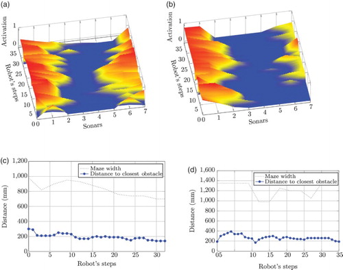 Figure 15. Experimental data of one individual using the fully trained association matrix. (a) and (b) Sonar topography for mazes 1 and 2, respectively. At each step, the maps represent the configuration of obstacles around the robot within an 800-mm region, which corresponds to the distance covered by an LTP. The blue valley means no obstacle within this region. Obstructions in the frontal zone (sonars 3 and 4) may appear at each step whenever obstacles ahead fall into this region. (c) Performance metrics for Maze 1 (S-shaped). The maze width curve describes the absolute free-space aperture, showing that the first half is wider than the second. As the robot reaches the end of the maze, the distance to obstacles is shorter, correlated with a narrower gap. (d) Performance metrics for Maze 2 (Corridor). The maze width curve describes the aperture and the presence of obstacles along the corridor. Between steps 9 and 17 the first obstacle appears, and the second one shows up between steps 24 and 29.