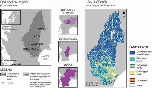 Figure 1. Overview map, spatial extent of mappings and scenario analyses in the four projects, and land covers in the Helge å catchment area. Based on Fastighetskartan from © Lantmäteriet.