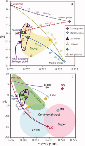 Figure 9. Isotopic mixing between εNd and 87Sr/86Sr (1300) simulating contamination of magma with primitive mantle and depleted mantle isotopic composition (a) by two different units corresponding to the Marble Gneiss and Garnet Gneiss of the Snowys Dam Formation, and (b) by a purely hypothetical lower crust-like composition; Nova shown data in relation to the compositional range of upper and lower continental crust, and contaminated continental flood basalts, after Goldstein et al. (Citation1984).