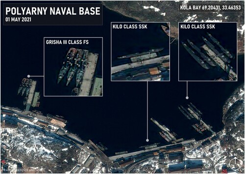 Figure 7: Kilo-Class Submarines at the Polyarny Naval Base on 1 May 2021Source: Airbus Defence and Space and authors'